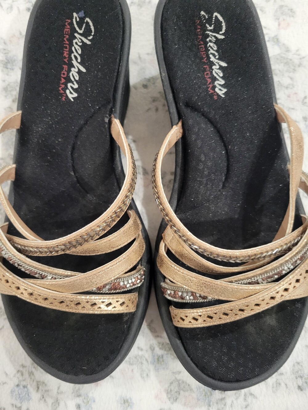 Skechers Women's Metallic Beige Strappy Memory Foam Sandals